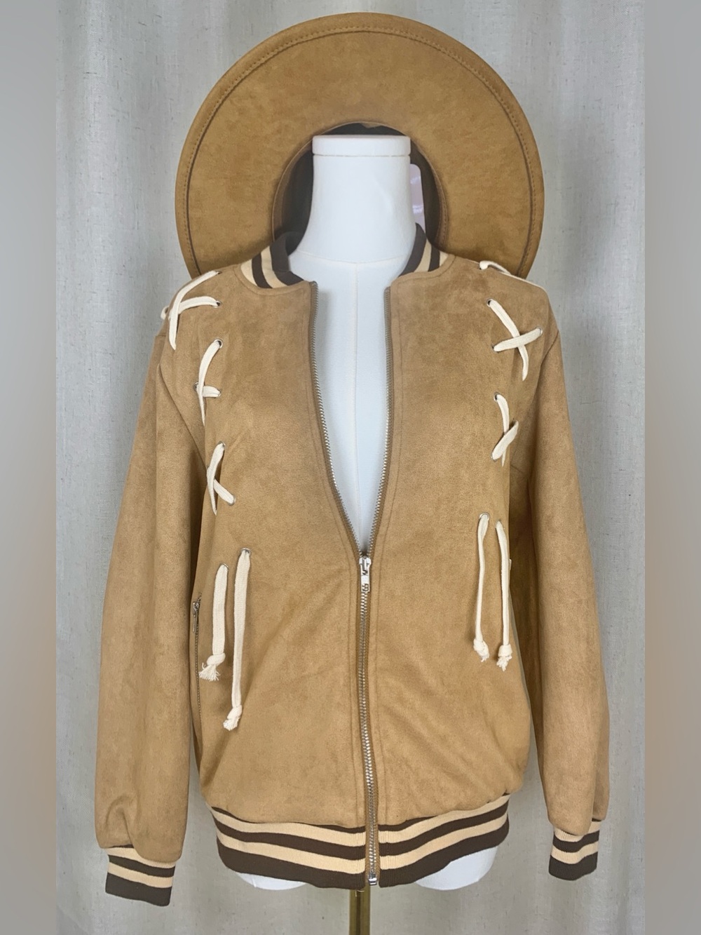 POL Faux Suede Lace-Up Varsity Jacket Boho Western Brown | Size S